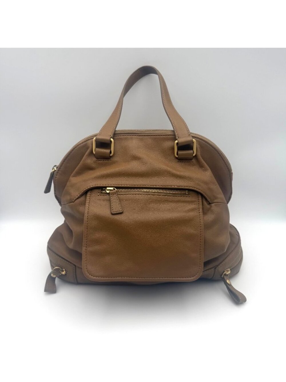 Talbots Brown Leather Handbag Tote Shoulder Bag Zip Pockets Gold Tone Hardware